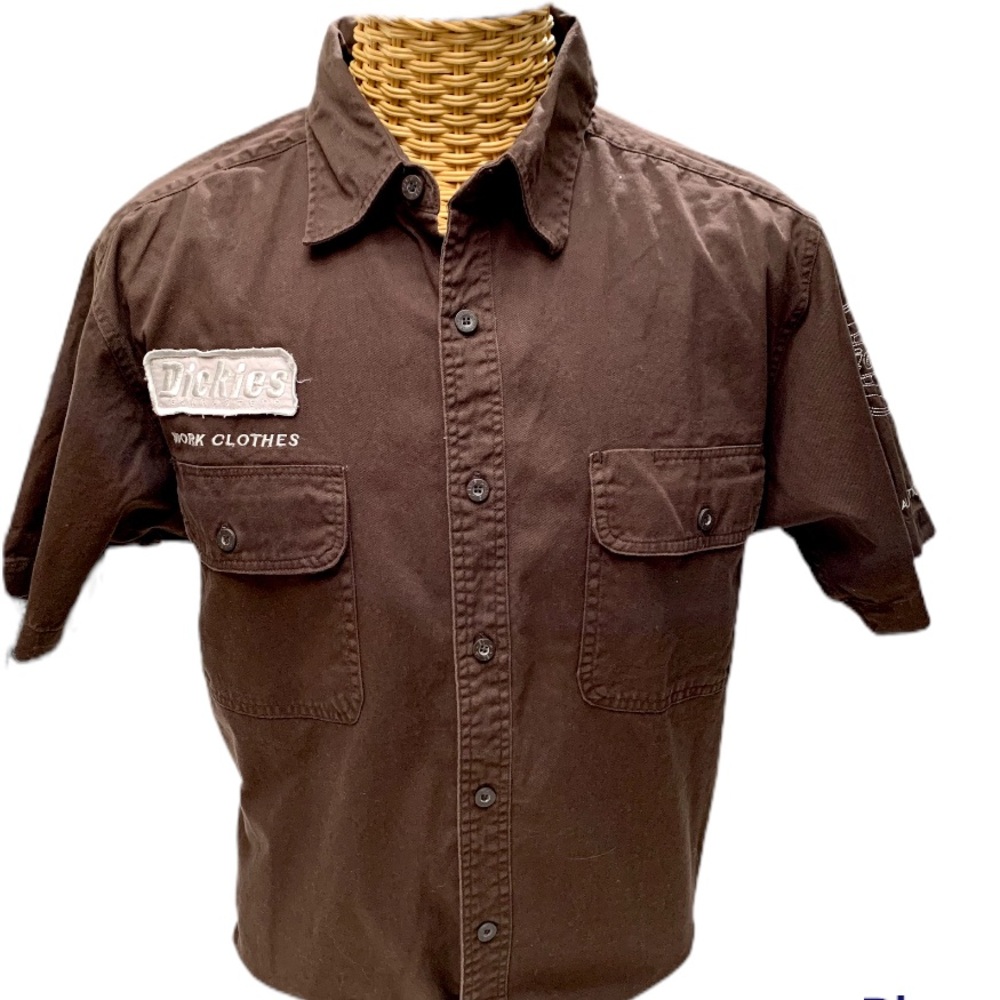 Dickies brown work shirt with chest patch and embroidered sleeve- XL